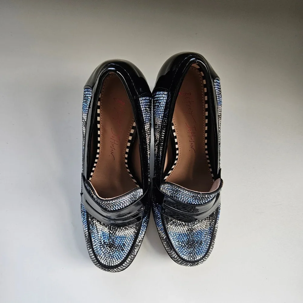Rhinestone Heel Loafers Platform Block Plaid 6.5 Glam Sparkle Maximalist Party